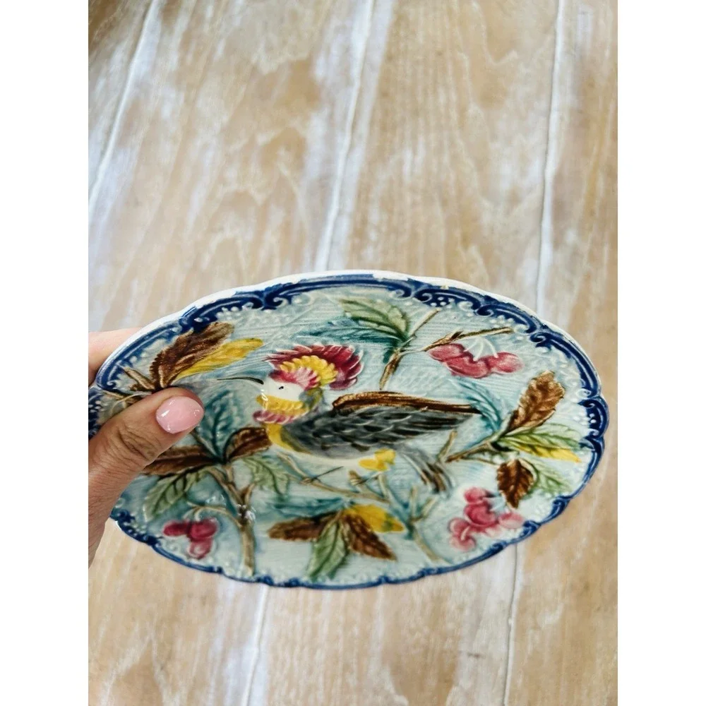 Antique Majolica Plate with Bird of Paradise c.1890's-1900